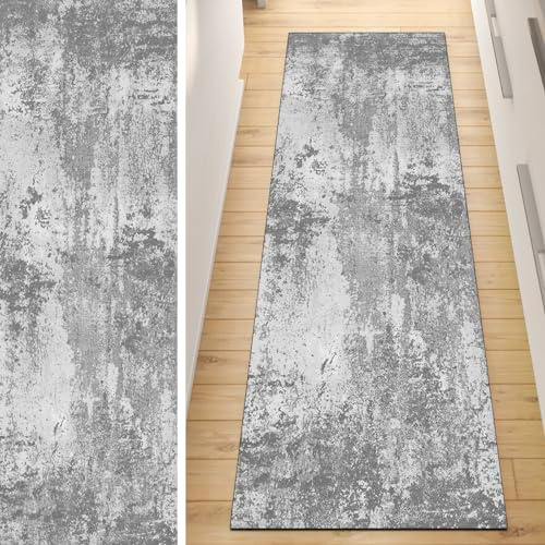 QQrunner Läufer Flur Küche Teppich rutschfest Grau 90x200CM Lang Kücheläufer Waschbar Meterware Abstrakt Teppichmatten Korridor Polyester Wohnzimmer Schlafzimmer