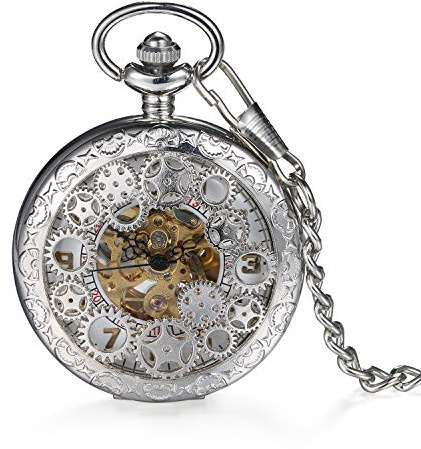 Silverora Vintage-Taschenuhr: Taschenuhr mit Kette, Taschenuhr mit Zahlen, mechanische Uhr mit Ritzel, silber