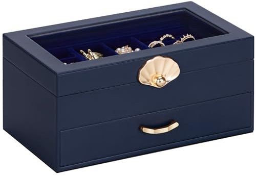 Enthralite Schmuckkästchen mit Glasdeckel | Schmuck-Organizer mit Schublade für Halsketten, Ohrringe, Ringe, Armbänder | Geschenk für Frauen Mädchen | Dunkelblau