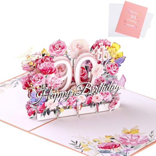 Geburtstagskarte zum 90. Geburtstag für Frauen, Happy 90th Birthday Karte, Pop-Up-Karten, Geschenk zum 90. Geburtstag, Grußkarte für sie, Mutter, Ehefrau, Oma, Blumen-Popup-Geburtstagskarte mit