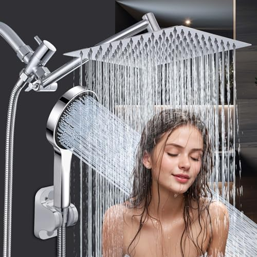 Shower Head, Rain Shower Head with Handheld Spray Combo, 10 Inch Adjustable High Pressure Rainfall Shower Head, Dual Showerhead Set with Extension Arm and 60 Inch Long Shower Hose (Silver)