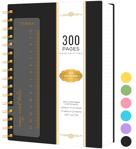 NIRMIRO Spiral Notebook A5, 300 Pages/ 150 Sheets Wirebound Notepad, Black PVC Cover Note Book for Writing, 100GSM Lined Paper, No Bleed, 14.5 x 20.7cm