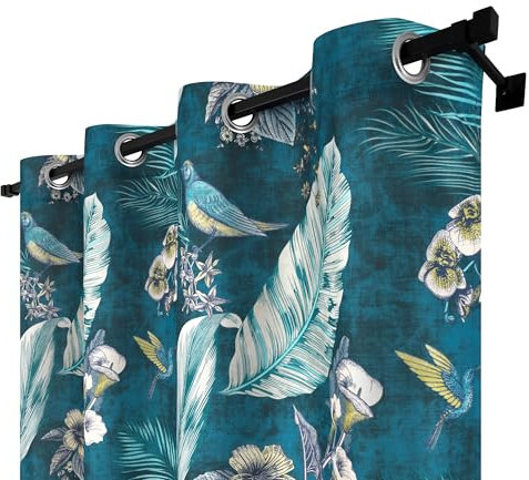 Voppi Eleganter Vorhang für Wohnzimmer 140 x 250 ccm Ösenvorhang Blickdicht mit Vögel Federn Blumen Blau Fenstervorhang für Balkon Terrasse