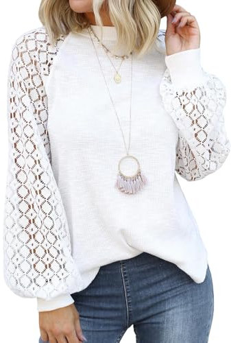 Zeagoo Women's Lace Long Sleeve Tops Dressy Business Casual Blouses Work Shirts Fall Tunics White