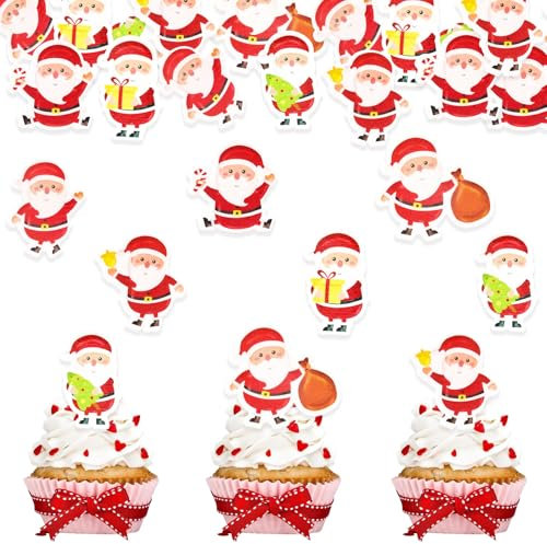 DazzJoy 48 Stück Esspapier Weihnachten Tortendeko, Weihnachtsmann Muffin Deko, Essbare Kuchendeko