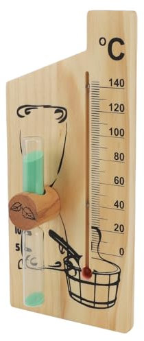 Holz-Temperatur- und Luftfeuchtigkeitsmessgerät für den Innenbereich mit Goldenem Rahmen für Sauna und Dampfbad – Hochtemperatur-Thermometer und Hygrometer mit Sanduhr-Timer