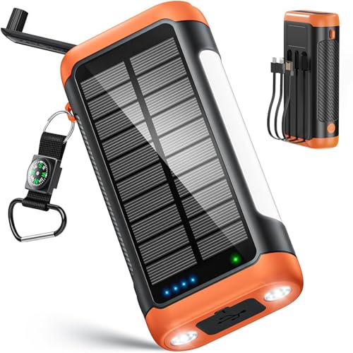 DJKK Solar Power Bank Portable Charger:66800mAh Built in Hand Crank and 3 Cables 22.5W Fast Charging Phone External Battery Pack(5 Outputs & 5 Inputs) with Camping Flashlights/Table Lamp/Compass