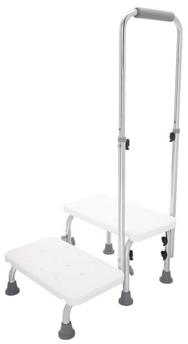 Marchepied médical à 2 marches - Avec hauteur de poignée réglable - Charge maximale : 100 kg - Blanc - 48,5 x 28 x 27,5 cm