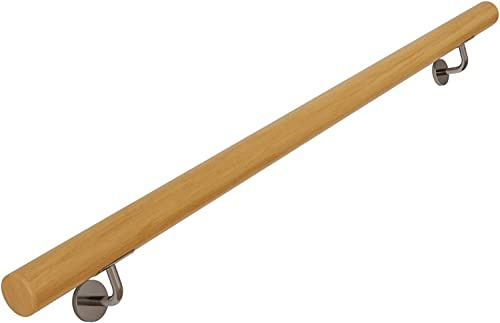 Escalera de madera de roble macizo para escaleras de interior, riel de barandilla montado en la pared con soporte de metal, acabado natural, 0,7 m de longitud