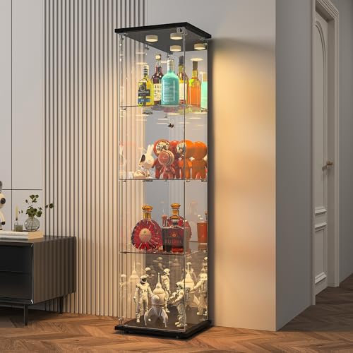 BPKADHY Glasvitrine Standvitrine,4 Lagen Glas Vitrine Vitrinenschrank,1 Türen, LED Lampe Und Schloss mit Spiegelrückwand Glasvitrine Stehend, Wohnzimmerschrank für Sammlerstücke und Bücher, Schwarz