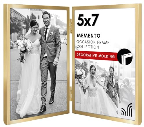 Americanflat Hinged 5x7 Picture Frame with Shatter-Resistant Glass - Modern Metal Picture Frame Displays Two 5x7 Photos - Elegant Photo Frames for Tabletop Display - Gold | Displays two photos side by side or folds to show one, shatter-resistant glass, velvet backing, freestanding for tabletop