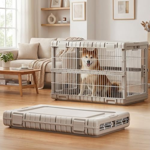 ZOMISIA Collapsible Dog Crate for Large Dogs - 36 L Heavy Duty Dog Kennel No Tools Required with 4 Sides Steel Foldable Cage for Dogs Indoor Furniture, Portable Carrier with 2 Smooth Wheels, Beige