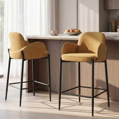 Ya-Home Barhocker 2er Set, Barstuhl mit Armlehne, Gelb | Tresenhocker aus Chenille, Thekenhocker mit Lehne & Metallbeine, gepolsterte Küchenhocker Bar Stools für Kücheninsel/Hausbar