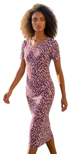 Dusk Fashion Leaf Print Midi Stretch Dress for Women UK - Ladies Everyday Holiday Spring Summer Round Neckline Comfy Soft Evening Vacation Work Party - Wine - Size 12