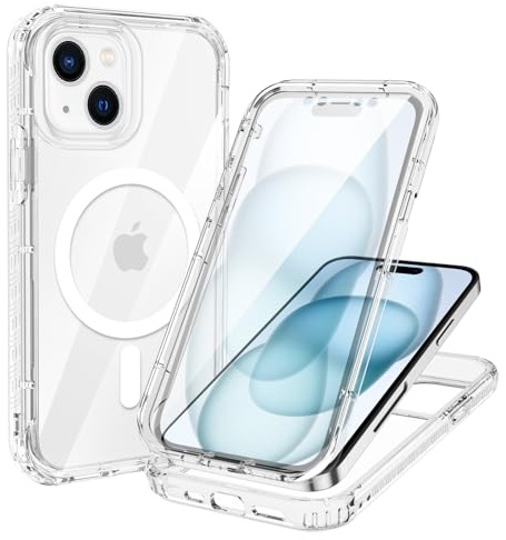 XTCASE für iPhone 15 Hülle Magnetisch Kompatibel mit Magsafe, 360 Grad Ganzkörper Schutzhülle mit eingebauter Displayschutzfolie, Stoßfest Kratzfeste Nie Vergilbung FallSchutz, Transparent
