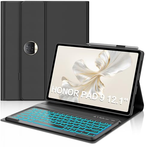 IVEOPPE Tastiera per HONOR Pad 9 12.1 Pollici 2024, Cover con Tastiera Rimovibile, Keyboard Bluetooth Italiano QWERTY 7 Colori Illuminato, Custodia con Portapenna, Nero