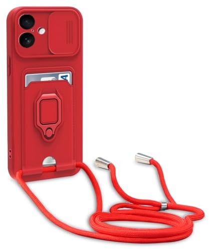 yanasuo Schiebe Kameraschutz Silikon Handykette Hülle kompatibel mit iPhone 17, Metall Ring Halter Handy Cover,Verstellbarer Halskette Handyhülle-Rot