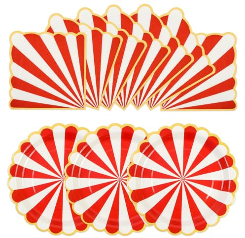 EVYIENEN 50PCS Red Birthday Party Paper Plates and Napkins,7 Inch Disopsable Striped Dessert Plates,Scalloped Gold Foil Edge Dinnerware Party Supplies for Birthday,Baby Showers,Girls Parties