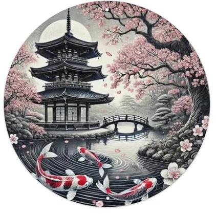 Japanese Temple Garden Koi Fish Tin Sign Vintage Style Home Bar Garden Wall Plaque Decor Metal Poster 8x8 Inch