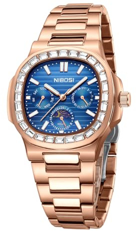 NIBOSI Herren Armbanduhr Uhren Herren Analog Quarz Armbanduhr Multifunktion Chronograph Mondphase wasserdicht Leuchtend Edelstahl Armbanduhr(Rose blau)
