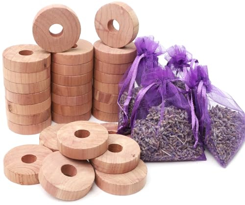 Natural Moth Repellent Cedar Blocks, 30 Cedarwood Rings, 5 Lavender Sachets | 35-Piece Wardrobe Moth Deterrent Kit, Cedar Wood Rings and Lavender Bags for Drawers, Clothes Storage, 2-3 Month Refresh