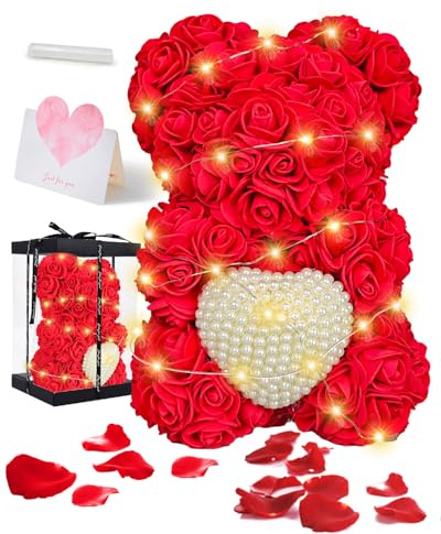 Lorrtta Romantic Bear Rose Valentine’s Day Gift for Her, LED Light Artificial Teddy Bear with Pearl Heart Center, Gift Box and Greeting Card, for Mother’s Day, Birthday, Girlfriend, Wife, Mom