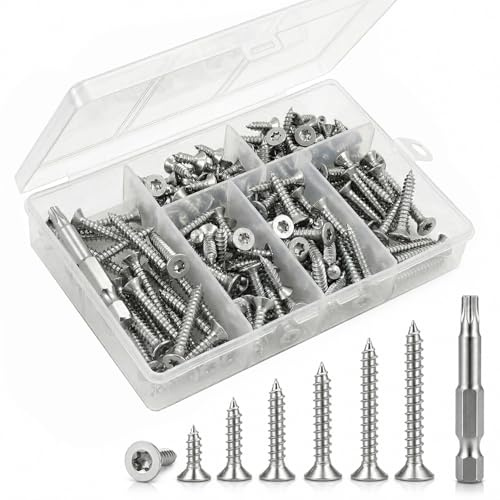 160 Stück M4 Holzschrauben Set, Torx Schrauben Set, Edelstahl A2 mit Bits | M4 Senkkopfschrauben, Selbstschneidende Schrauben M4x10/12/16/20/25/30 für Möbel, MDF, Spanplatten und Sperrholz ideal