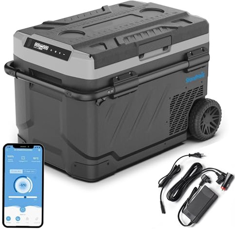 Kompressor Kühlbox 41L – Tragbarer Mini Kühlschrank mit Rollen & Teleskopgriff, 12V 24V 230V für Auto, Camping & Wohnmobil, App-Steuerung, Dual-Zone, Schwarz-Grau, LKW, PKW, Wohnmobil