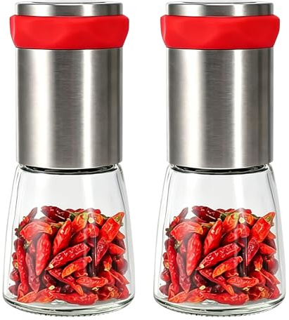 Chilikvarn av rostfritt stål och glas, 2 stycken kryddkvarn med stålskärverk, 140 ml chilikvarn örtkvarn, kryddskärare skärverksset för grova kryddor och torra chilis