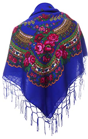M&K Apparel - Schal mit traditionellem ukrainischem/polnischem/russischem Blumenmuster und Fransen - Blau