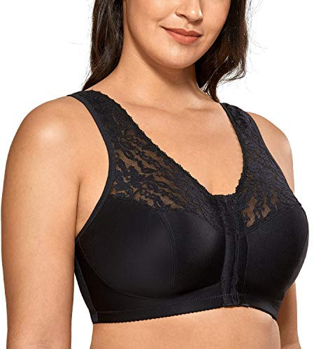 DELIMIRA Donna Reggiseno Senza Ferretto Aperto Davanti Racerback in Pizzo Taglie Forti Nero 10D