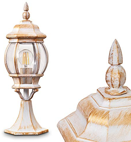 Außenleuchte Lentua, Sockelleuchte in antikem Look, Aluguss in Weiß/Gold mit Kunststoff-Scheiben, Wegeleuchte 50 cm, Retro/Vintage Gartenlampe, E27-Fassung, IP44, ohne Leuchtmittel