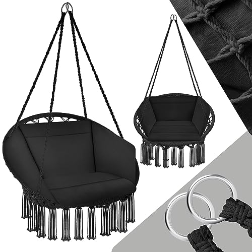 tectake® Indoor und Outdoor Hängesessel, Terrassen und Balkonmöbel, Hängesessel mit Gestell, robuste Konstruktion mit großem weichem Kissen, Hängesessel bis 150 kg - schwarz