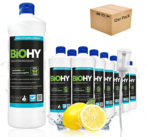 BiOHY Industriereiniger (12 x 1 Liter) + Dosierer | nicht schäumender Werkstattreiniger | Schmutzbrecher gegen Fette & Öle | ideal für Metall, Kunststoff, Glas, Werkzeuge | für wasserfeste Oberflächen
