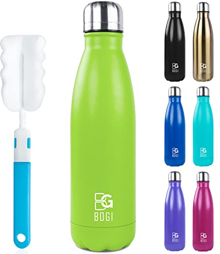 BOGI Insulated Water Bottles,750ml Metal Water Bottle,Leakproof Stainless Steel Water Bottle Keep Hot and Cold Water Bottle Bike Gym Sports Water Bottle for Girls Kids with Cleaning Brush(Green)