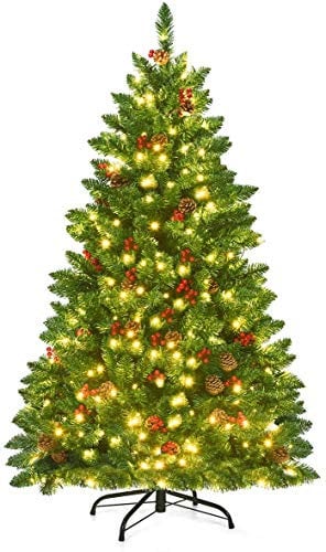 RELAX4LIFE Weihnachtsbaum Künstlich mit Beleuchtung, Christbaum mit 300 LEDs in warmweiß, Tannenbaum mit Tannenzapfen & rote Beeren, PVC, Schnellaufbau Klappsystem, inkl. Metallständer, grün (135 cm)