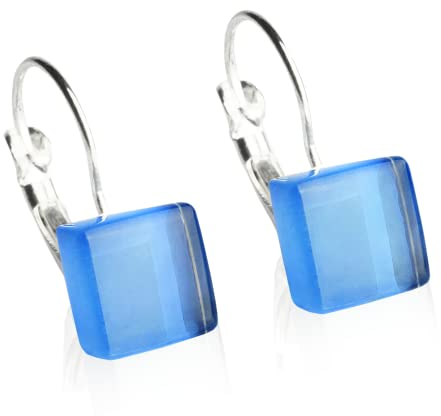 ALEXASCHA® Edelstahlohrringe hängend mit quadratischen Glassteinen • Kurze Ohrhänger mit Klappverschluss • 2cm lang • Steingröße 10 mm x 10 mm x 3 mm (Azurblau)