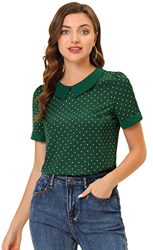 Allegra K Women's Peter Pan Collar Shirt 1950s Vintage Polka Dots Blouse, Green, XL