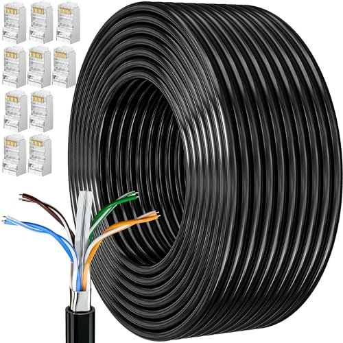 Cable Ethernet 50m, Cable Rj45 Blindé Cat 6 Gigabit Câble Réseau Extérieur Anti-Brouillage Résistant Aux Intempéries FTP 23AWG Cable Internet Noir 50 Mètres