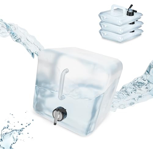 Relaxdays Pack 4 Bidones Plegables, Garrafas Agua Cuadradas, Grifo y Asa, Volumen 10 L, sin BPA, Transparente y Negro, Gomaespuma