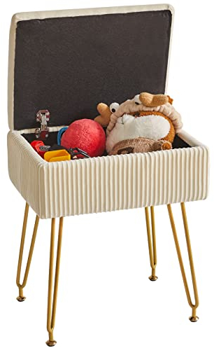 YMYNY Schminkhocker Stuhl mit Stauraum, quadratischer Hocker aus Samt, moderner multifunktionaler Make-up-Hocker für Schlafzimmer, Wohnzimmer, Büro, goldene Beine, 40 x 29.5 x 48 cm, Beige, HBD024M