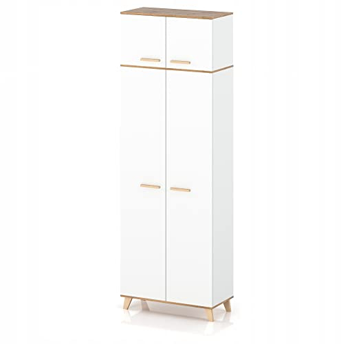 VBChome Kleiderschrank mit Aufsatz 80 x 235 x 52 cm Weiß Zwei Türen und einem Fach Holz Griffe Mehrzweckschrank für Flur Schlafzimmer Wohnzimmer Kinderzimmer