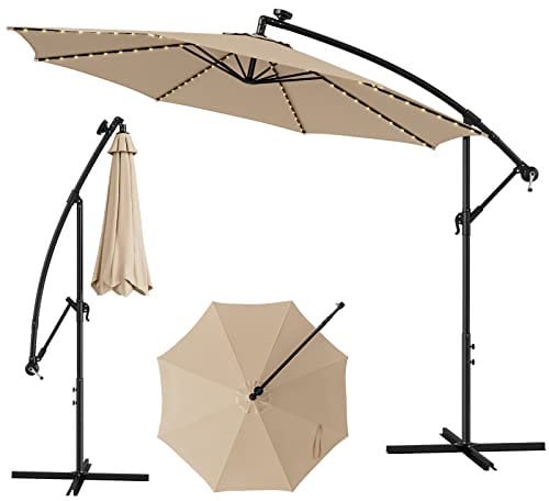 COSTWAY 3M Cantilever Garden Parasol with Solar-Powered 112 LED Lights, Offset Banana Umbrella with Tilted Design, Crank Handle & Cross Base, Outdoor Hanging Sun Shade for Patio Market (Beige)
