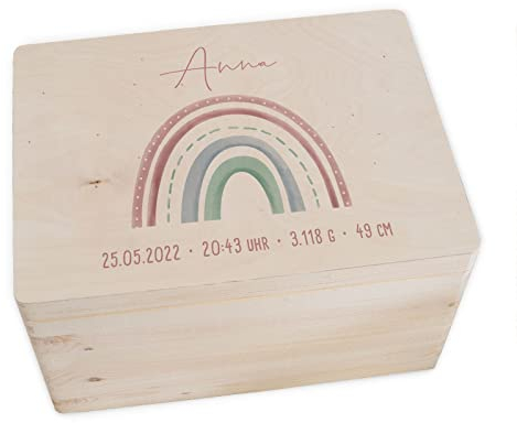 hellomini Personalisierte Erinnerungsbox Baby - Erinnerungskiste mit Namen aus Holz - Geschenk zur Geburt für Mädchen & Jungen - Babygeschenke (Regenb. rosa, S: 30x20x14cm)