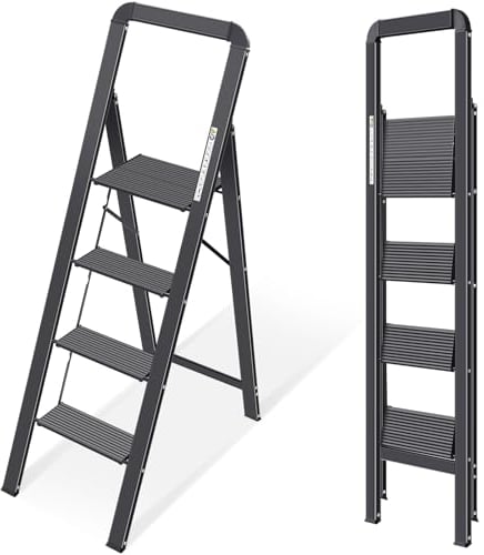 KINGRACK Escalera de Tijera 4 peldaños Plegable de Aluminio, Escalera Doméstica Estrecha con Pasamanos, Mecanismo Antiplegado, Uso Hogar Cocina Despensa Oficina, Ahorro de Espacio y Portátil, Negro