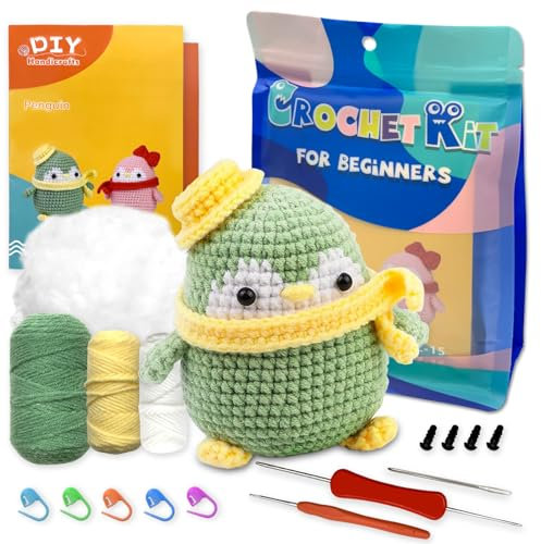 AKOFIC Häkelset Tiere für Anfänger, Grüner Pinguin Stricken Set, Komplette Crochet Set, Häkel Starter Kit für Erwachsene Kinder mit Anleitung und Video-Tutorials, Kreativ Bastelset Geschenke
