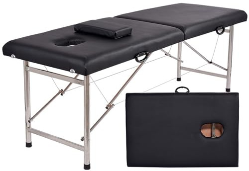 Tragbares Schönheitsbett, Mobile Massageliege Edelstahlrohr Super Leicht 14kg, 2-Zonen Massageliege Tragbare, Hochwertiges Leder (bis 150kg Belastbar) ( Color : Black , Size : 180*80cm-cloth bag )