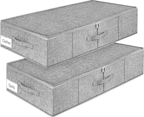 mepure 2 Pack 50L Under Bed Storage with Lids, 76x38x17cm, Fabric Ultra Thick Underbed Storage Boxes With Sturdy Zipper, Foldable Sturdy Clothes Storage Box Drawer Organizer with 3 Handles, Grey