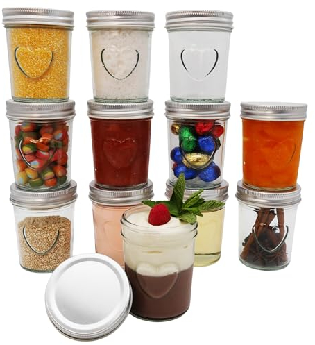 megusta!® 12 barattoli con cuore in vetro | 200 ml | coperchio color argento | marmellate, miele | dessert, porridge per bambini, yogurt | per matrimoni, compleanni, natale