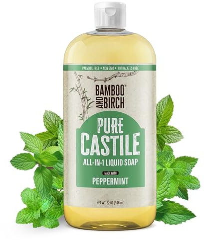BAMBOO AND BIRCH Pure Castile Soap Liquid Organic, Certified Palm Oil Free Natural Soap, Peppermint, 32 oz